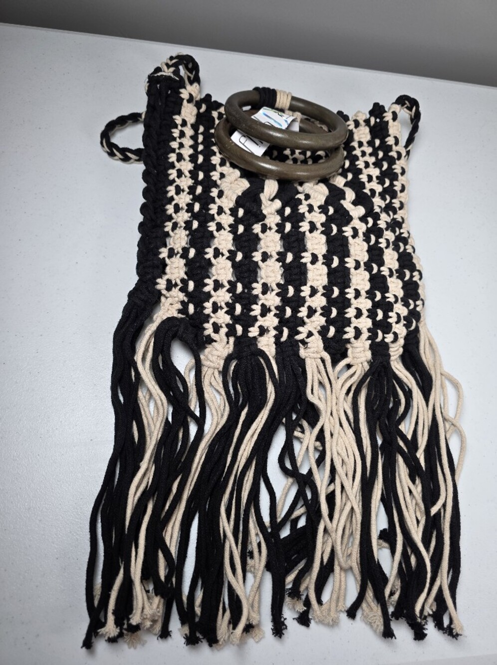 Fifth‎ & Luxe Boho Fringe Black and Ivory Wooden Ring Tote